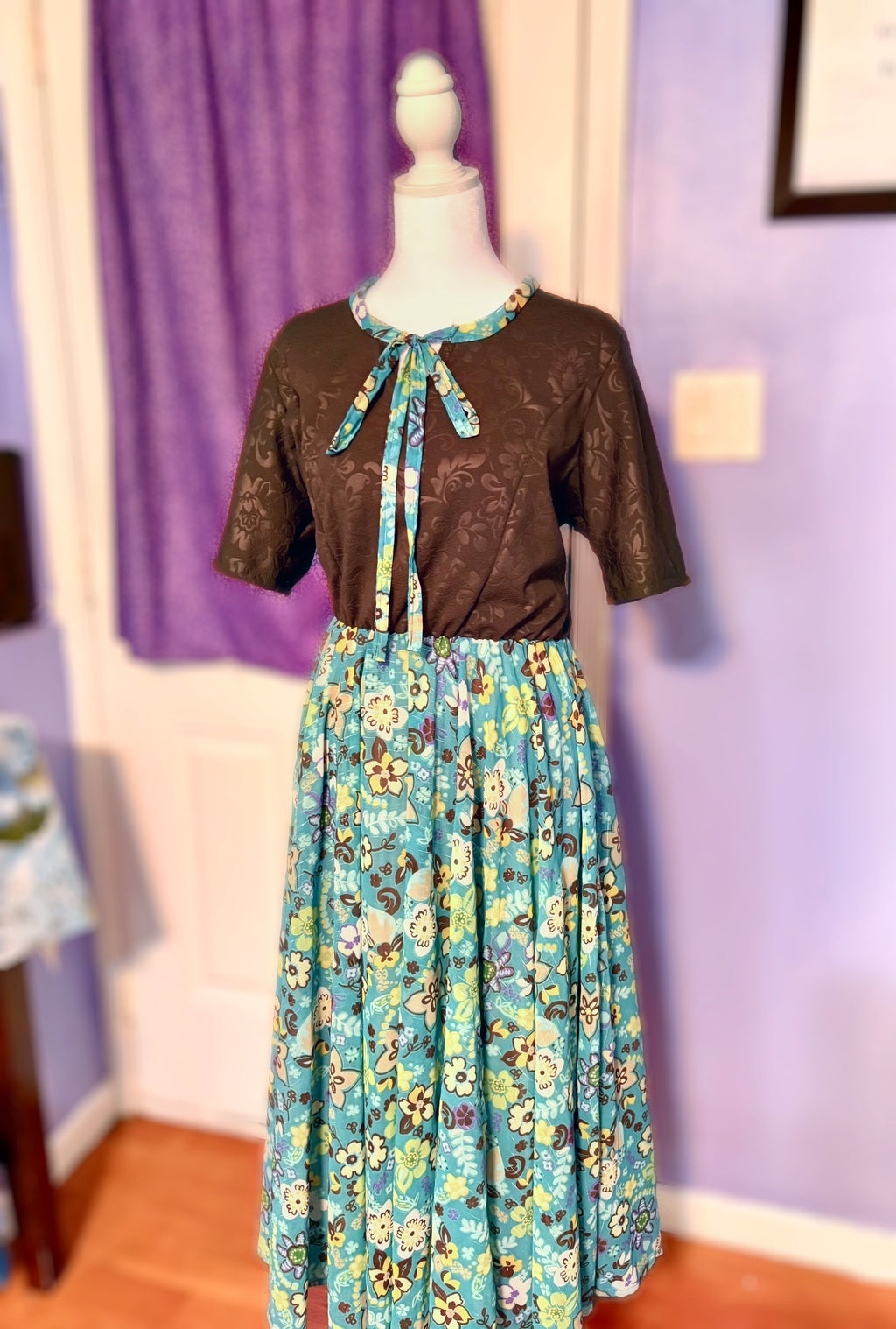 Brown & Blue Floral Tie‑Neck Dress — Modest, Soft & Effortlessly Elegant