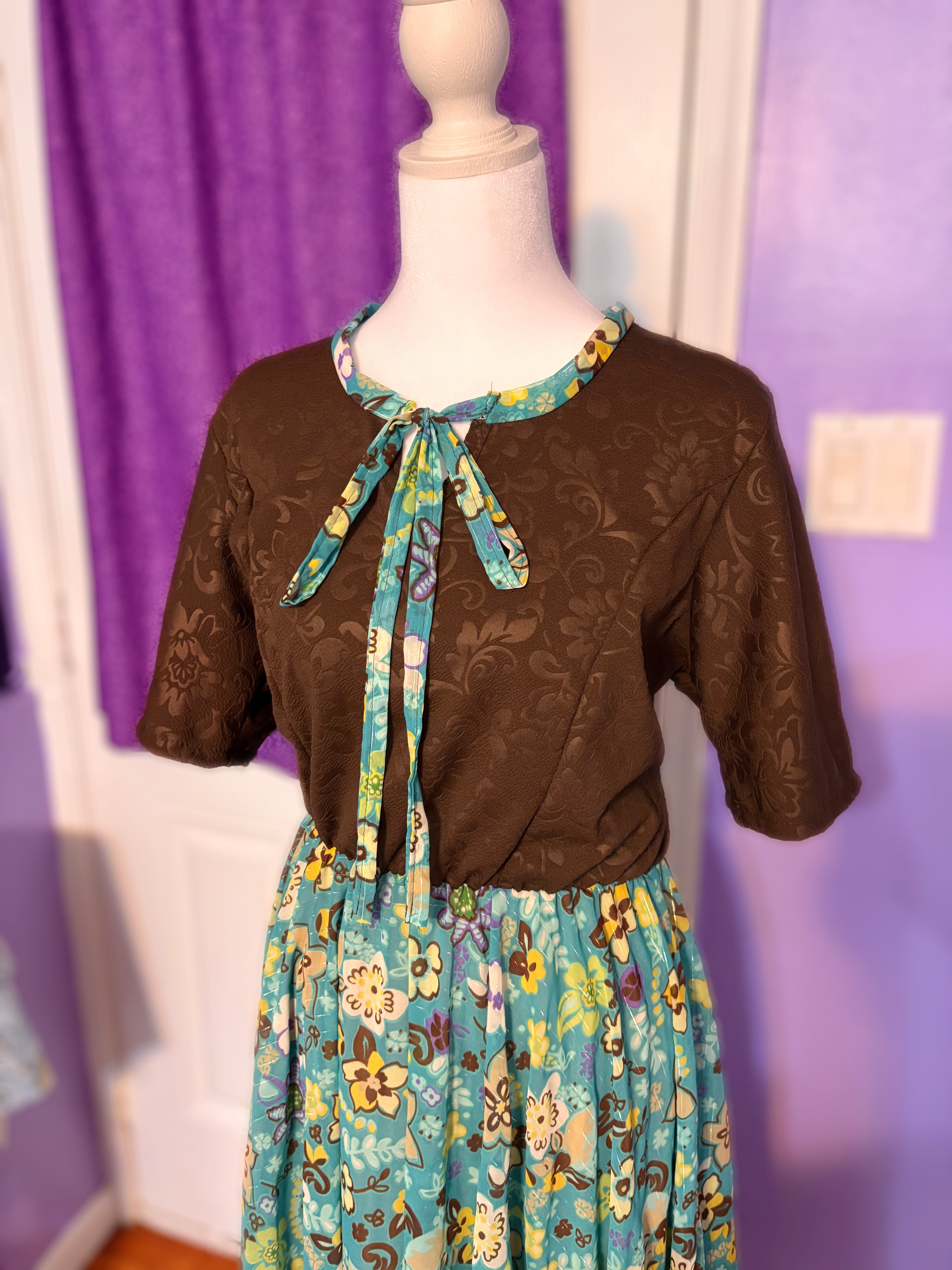 Brown & Blue Floral Tie‑Neck Dress — Modest, Soft & Effortlessly Elegant